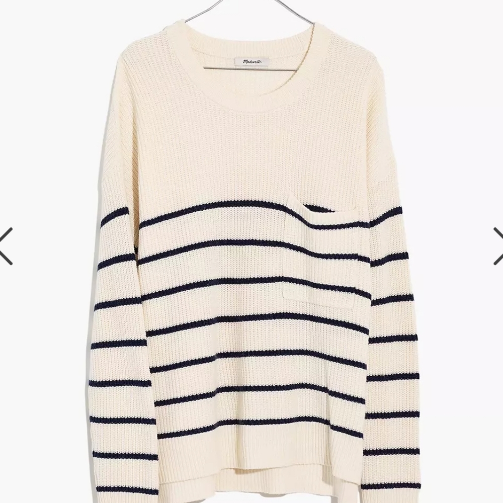 Madewell Thompson pocket pullover sweater nautical stripe cream navy medium